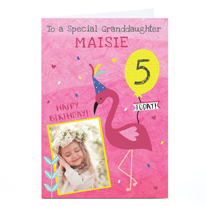 Photo Juniper & Rose Birthday Card - Flamingo, Editable Age