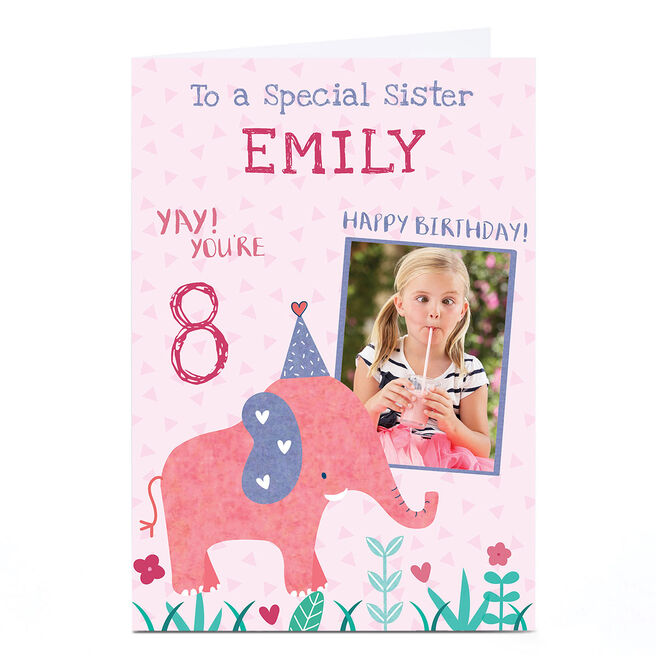Photo Juniper & Rose Birthday Card - Pink Elephant, Editable Age