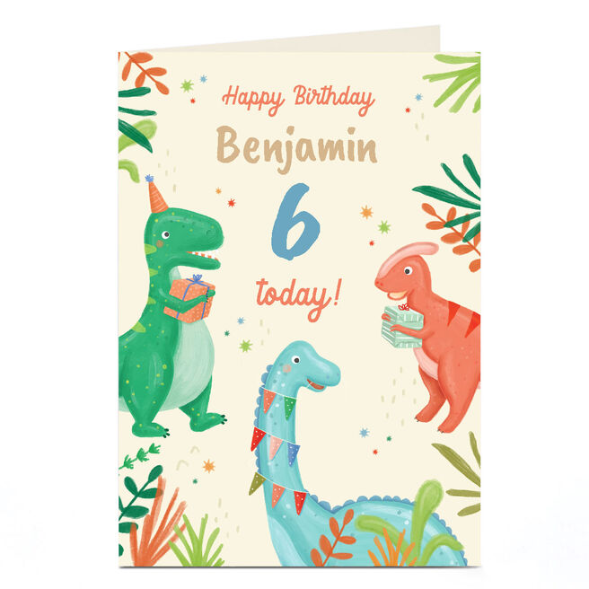 Personalised Birthday Card - Dinosaurs with Presents, Editable Age