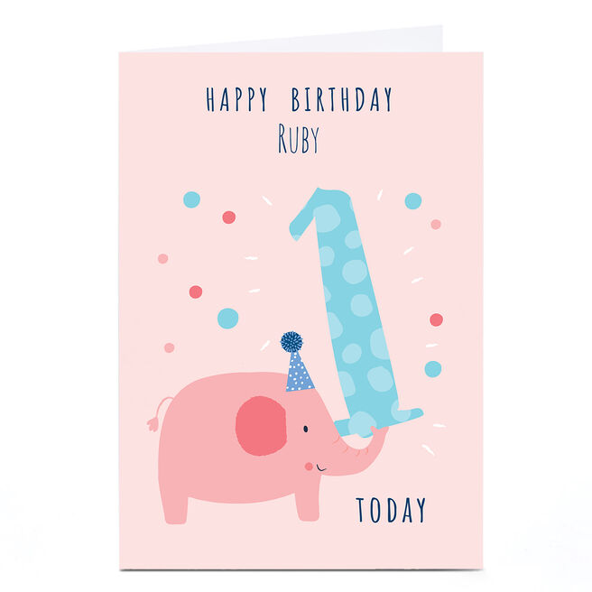 Personalised Klara Hawkins 1st Birthday Card - Pink Elephant