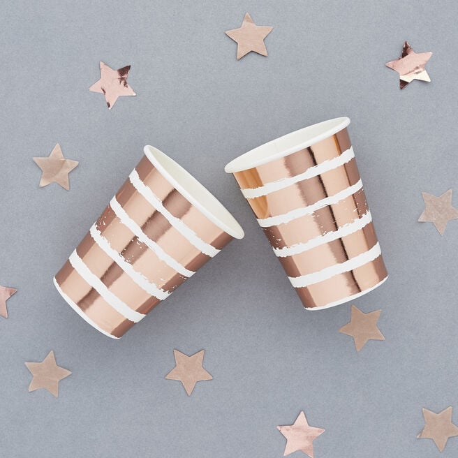 Metallic Rose Gold Striped Paper Cups - Pack of 8