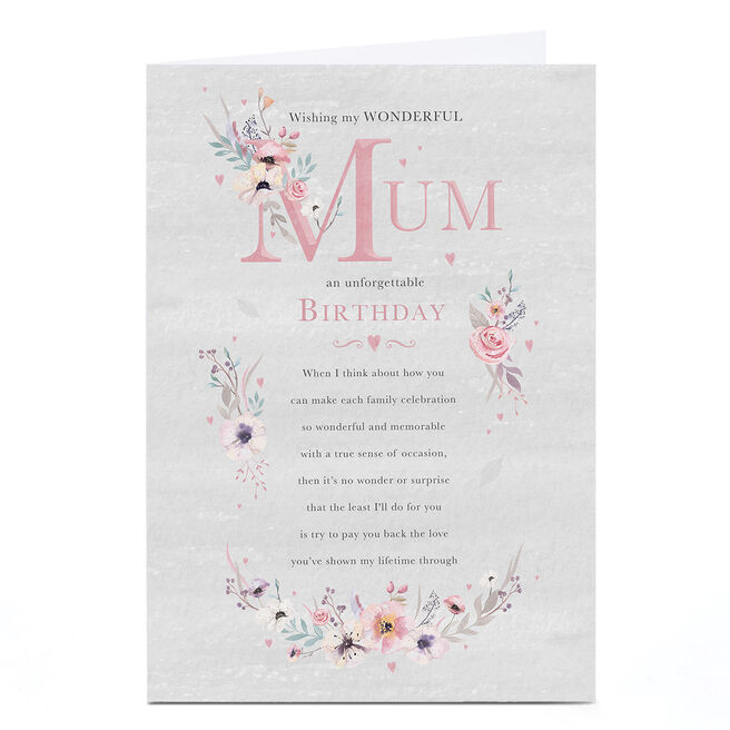 Personalised Birthday Card - Unforgettable Birthday Poem, Mum