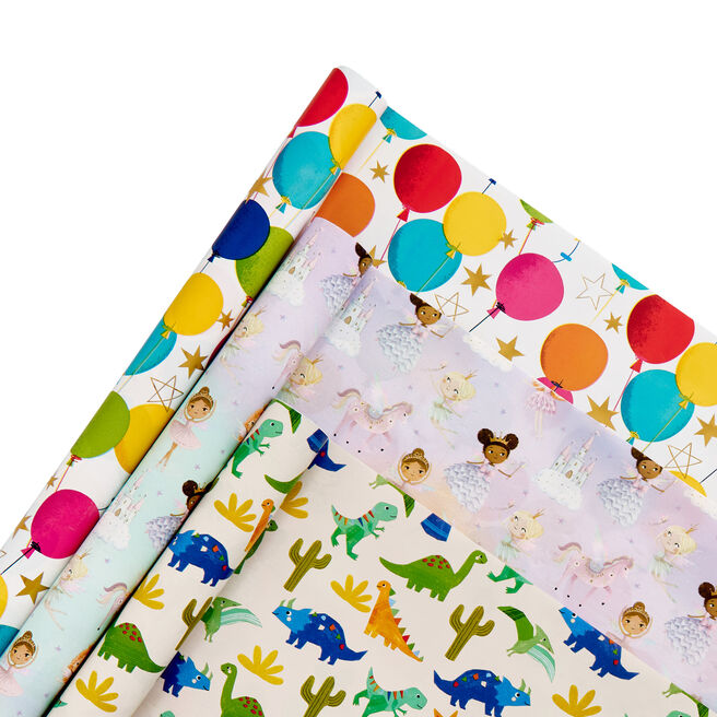 Dinosaurs Fairies & Balloons Wrapping Paper Rolls - Multipack of 3