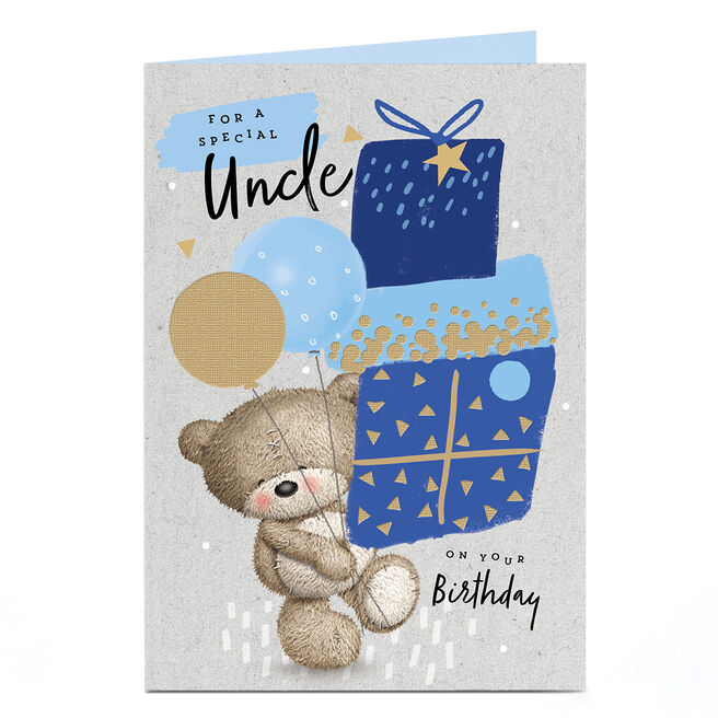 Hugs Birthday Card - Bear with Blue Pile of Presents, Uncle