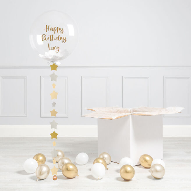 Personalised Gold & Silver Star Confetti Bubble Balloon & Minis - DELIVERED INFLATED!