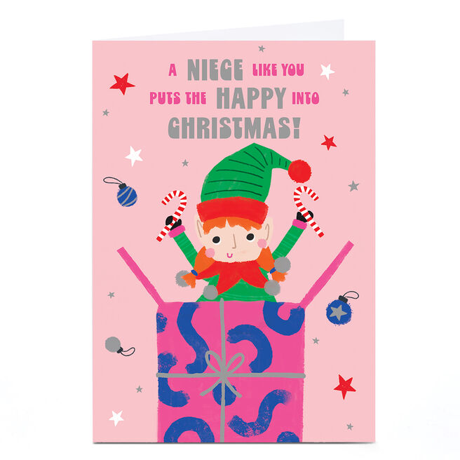Personalised Christmas Card - Elf Jumping Out of Present, Niece