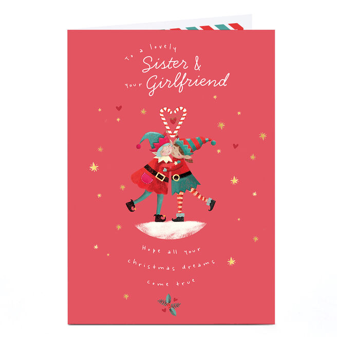Christmas Card - Cuddling Elves, Sister & Your Girlfriend