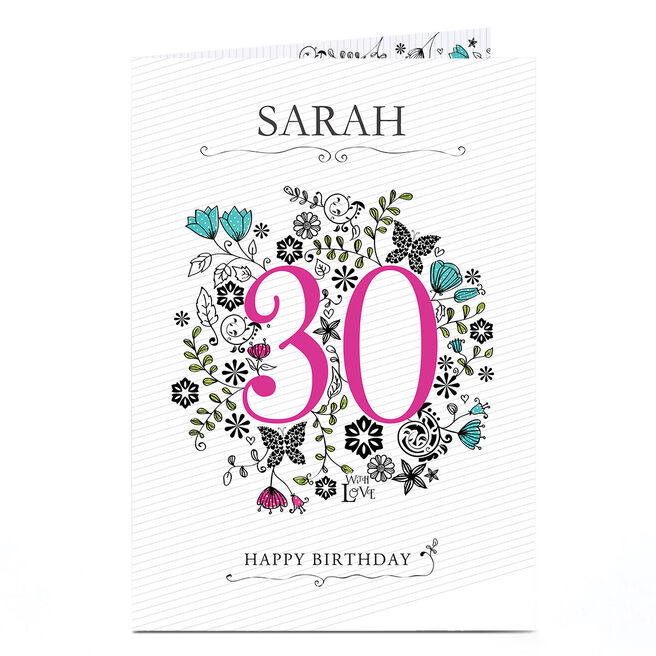 Personalised 30th Birthday Card - Pink & Mint Flowers