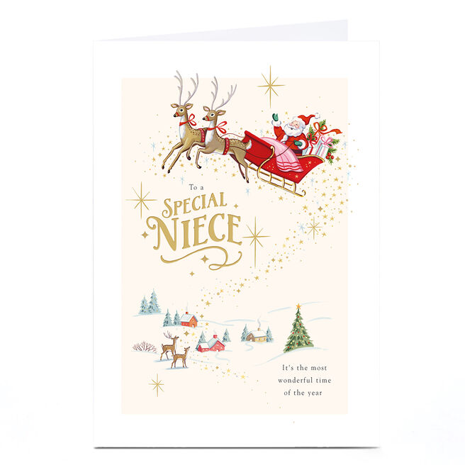 Christmas Card - Santa's Sleigh Over Snowy Town, Niece