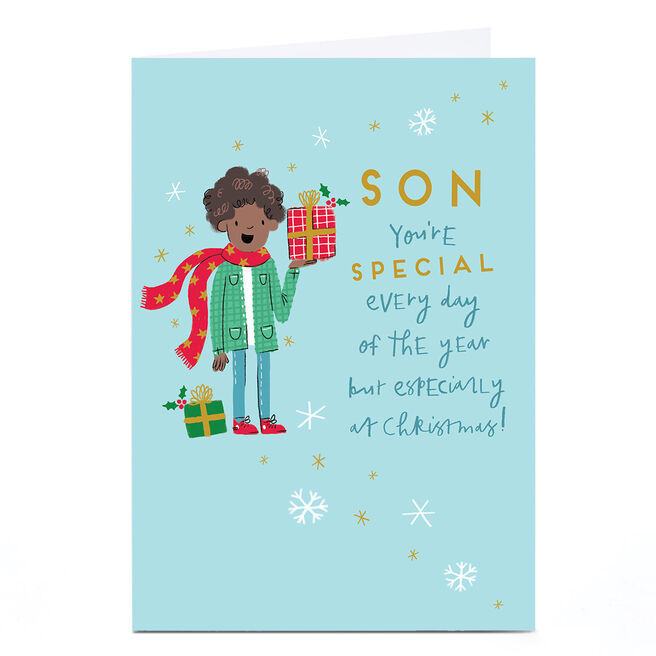 Personalised Christmas Card - Boy with Present, Son
