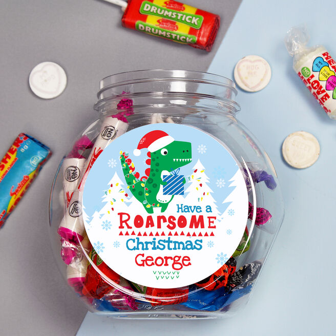 Personalised Dinosaur Roarsome Christmas Sweet Jar