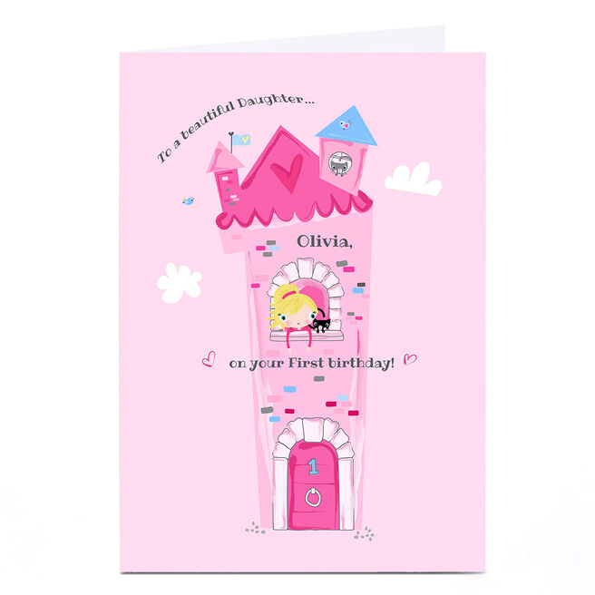Personalised Rachel Griffin Daughter Birthday Card - Pink Princess Castle, Editable Recipient