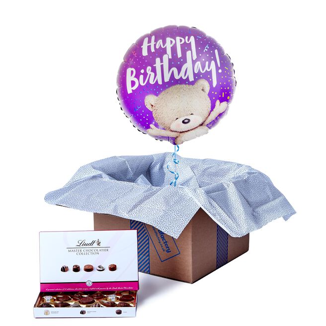 Purple Hugs Happy Birthday Balloon & Lindt Chocolates - FREE GIFT CARD!