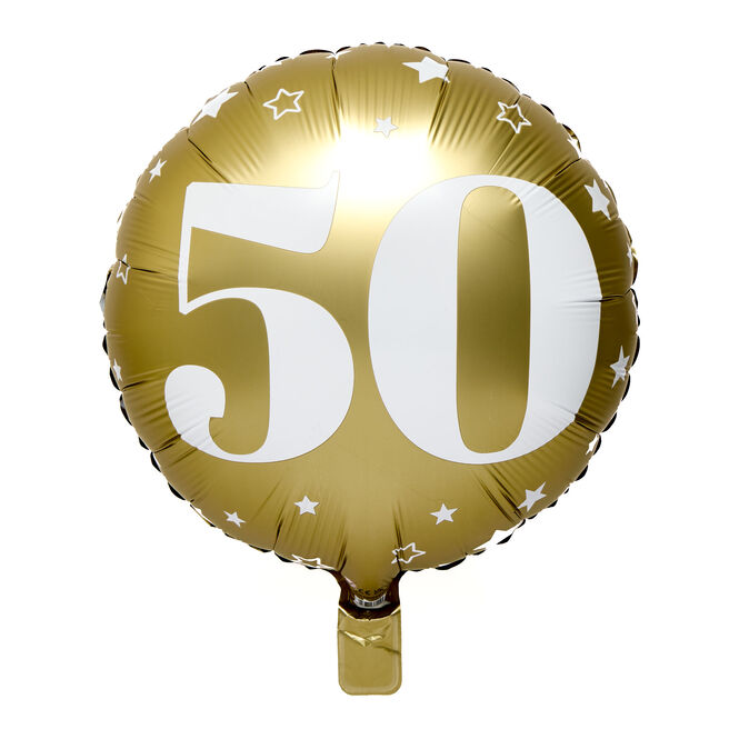White & Gold Stars 50th 18-Inch Foil Helium Balloon
