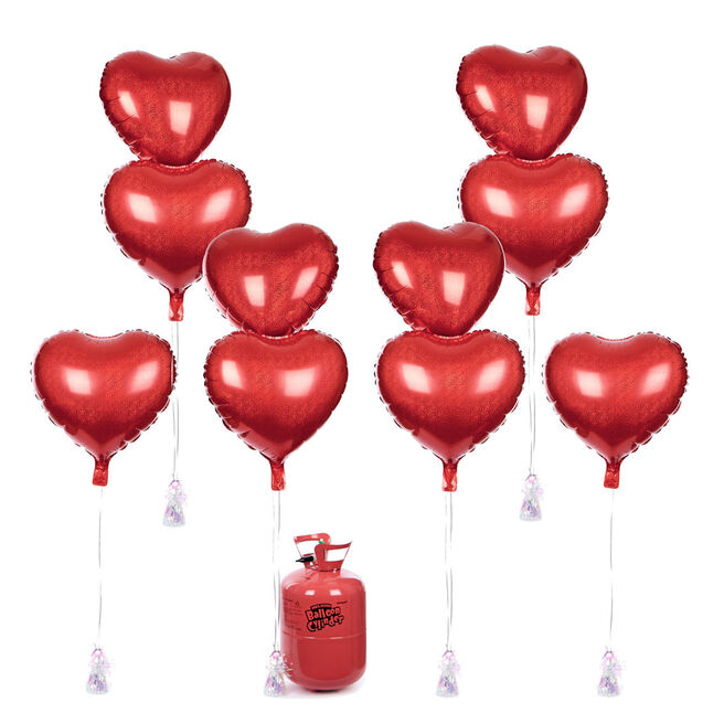 Party Balloon Bundle - 10 Red Hearts & Helium