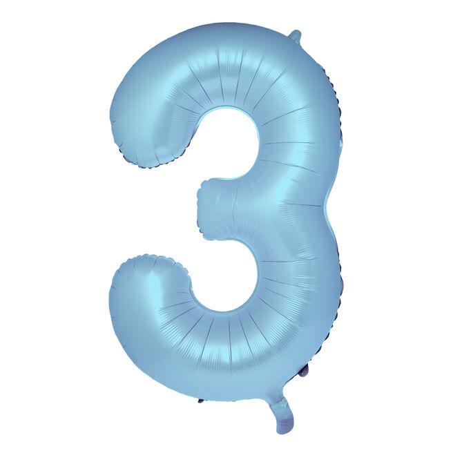 Large 34-Inch Pale Blue Foil Helium Number 3 Balloon - Uninflated