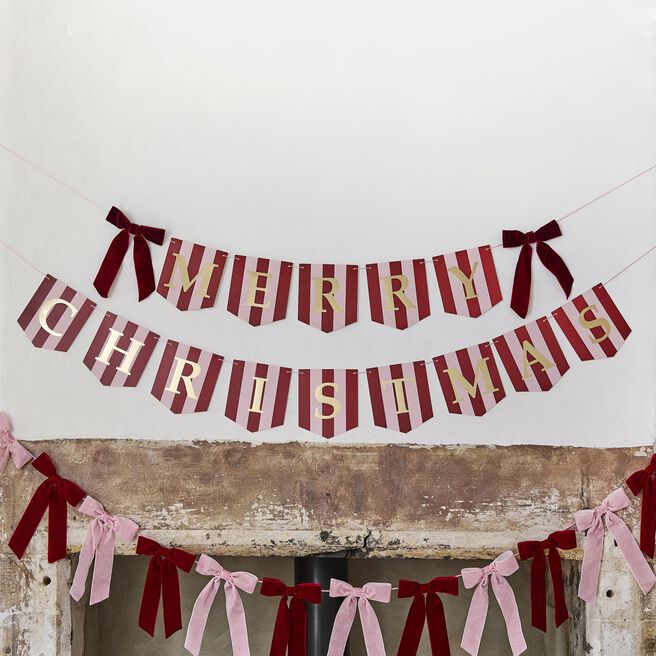 Stripey Merry Christmas Foiled Banner With Velvet Bows