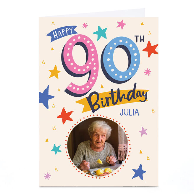 Photo Ebony Newton 90th Birthday Card - Colourful Stars, Any Name