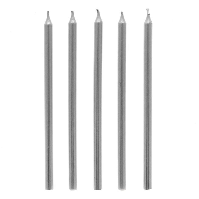 Tall Metallic Silver Cake Candles & Holders - Pack of 10