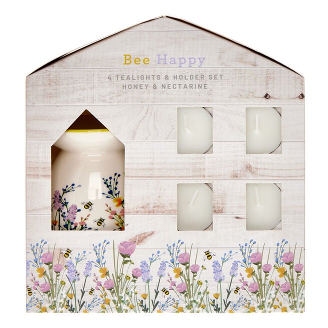 Bee Happy Honey & Nectarine Tealight Candles & Votive Holder Set