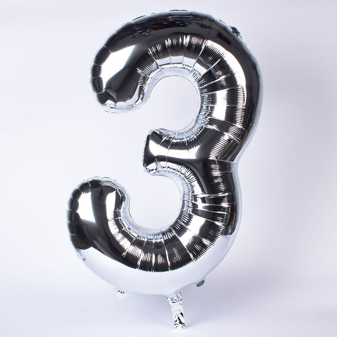 Silver Number 3 Giant Foil Helium Balloon INFLATED 