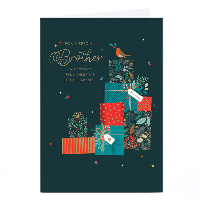 Christmas Card - Robin Present Pile, For A Special Brother