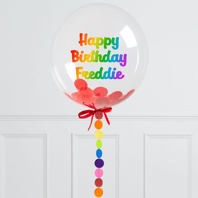 Personalised 20-Inch Rainbow Circle Confetti Bubblegum Balloon - DELIVERED INFLATED!