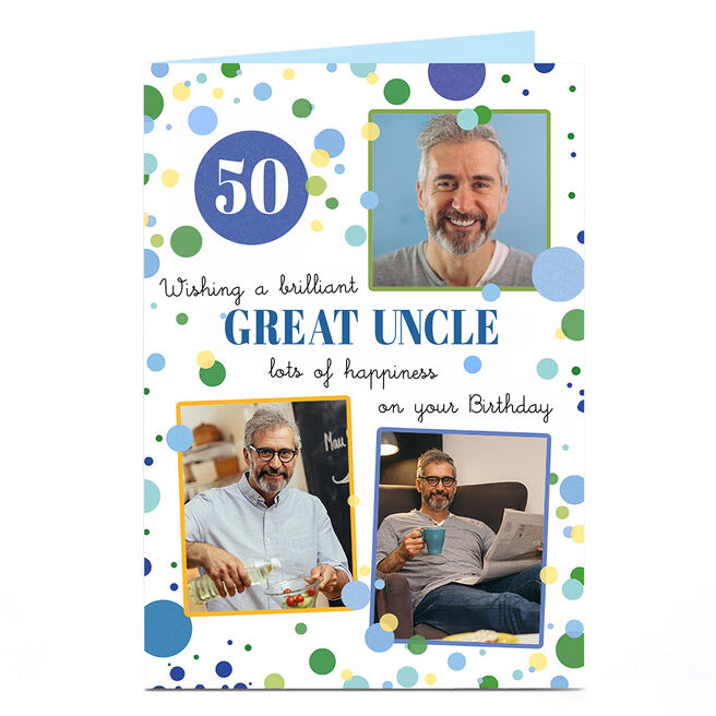 Photo Birthday Card - Blue Dots, Great Uncle, Editable Age