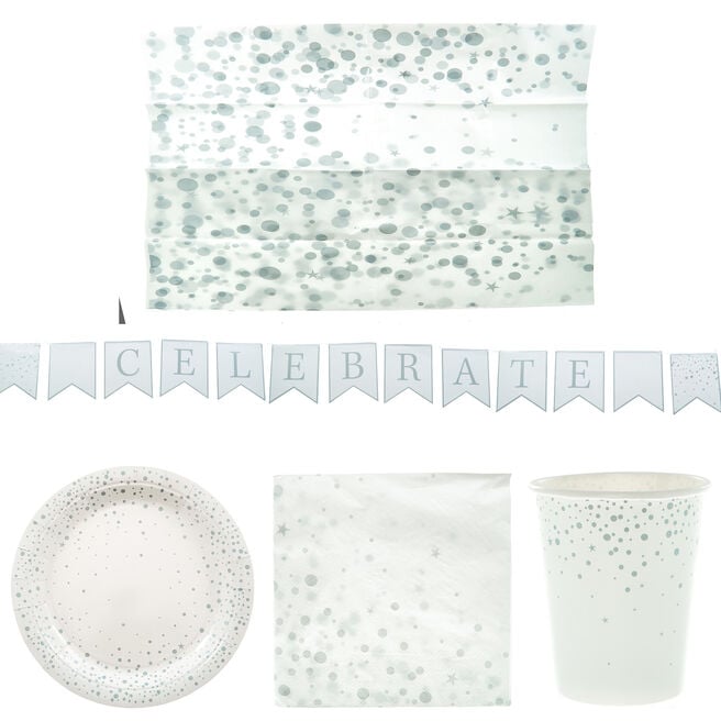 White & Silver Party Tableware & Decorations Bundle - 8 Guests