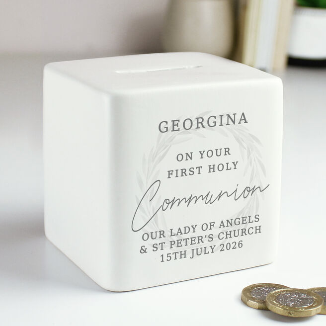 Personalised First Holy Communion Wreath Ceramic Square Money Box