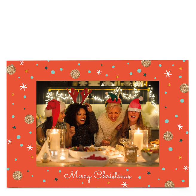 Photo Christmas Card - Red Frame, Snowflakes