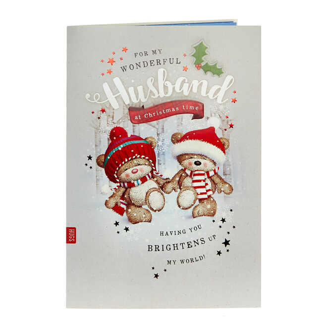 Hugs Bear Christmas Card - Wonderful Husband, Cute Bears In The Snow