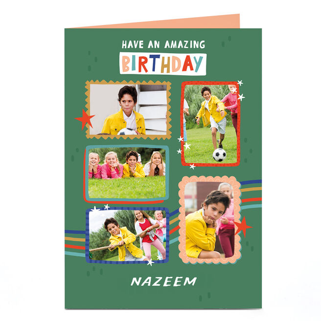 Photo Birthday Card - 5 Photos Green Frames