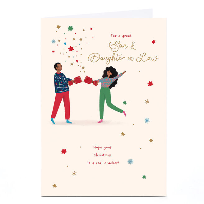 Personalised Christmas Card - Couple Pulling Cracker,  Son & Daughter in Law