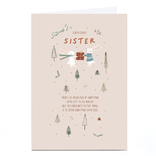 Personalised Christmas Card - White Rabbits with Present, Sister