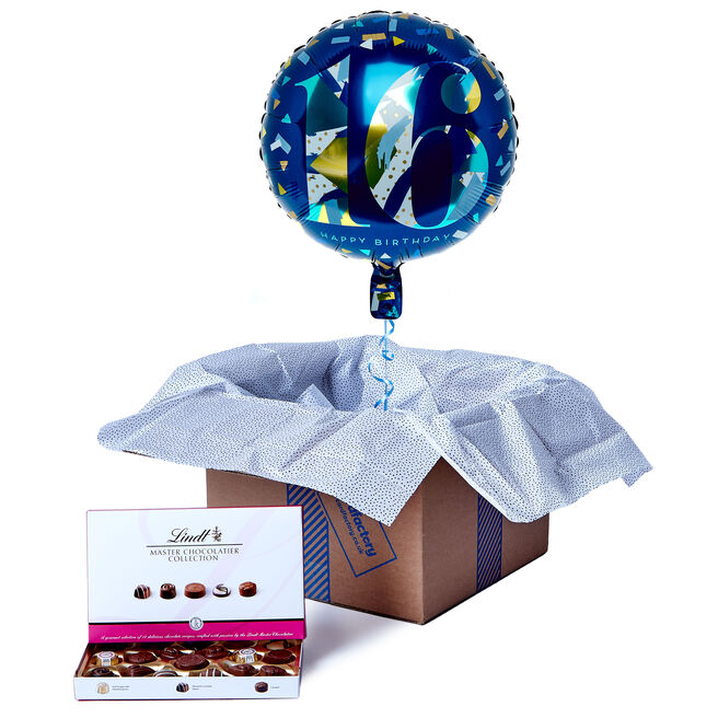 Blue & Gold 16th Birthday Balloon & Lindt Chocolate Box - FREE GIFT CARD!