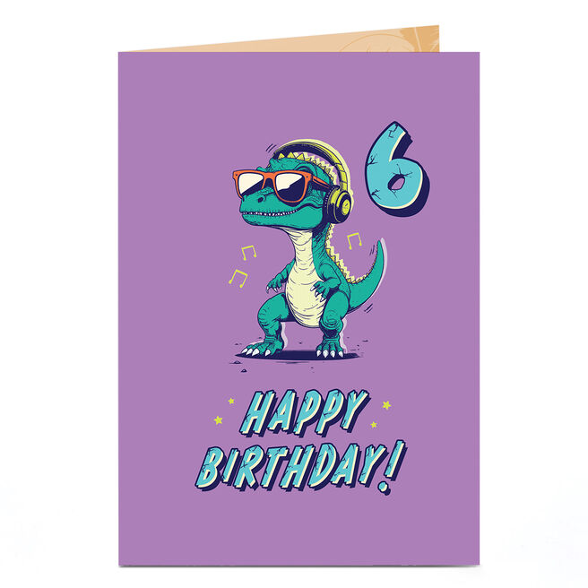 6th Birthday Card - Roarsome Dinosaur in Headphones