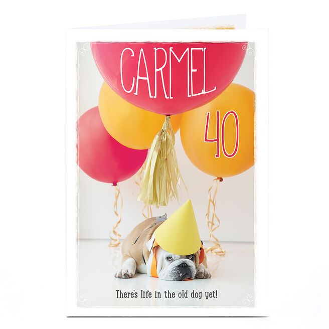 Personalised Birthday Card - Bulldog & Balloons, Editable Age