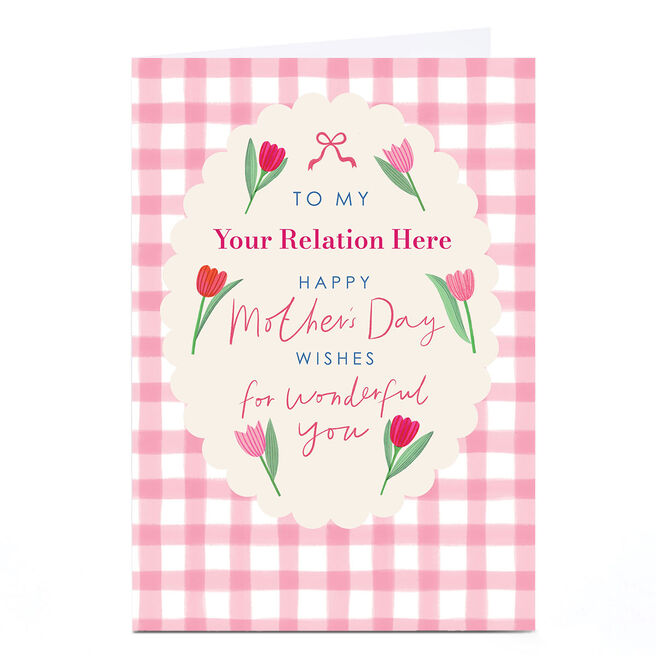 Personalised Mother's Day Card - Pink Gingham Tulips, Any Relation