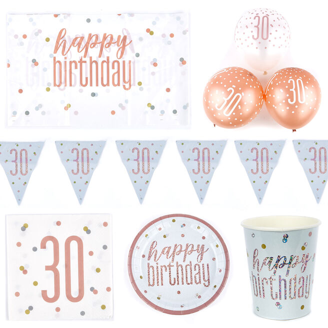 Rose Gold 30th Birthday Tableware & Decoration Bundle - 78 pieces