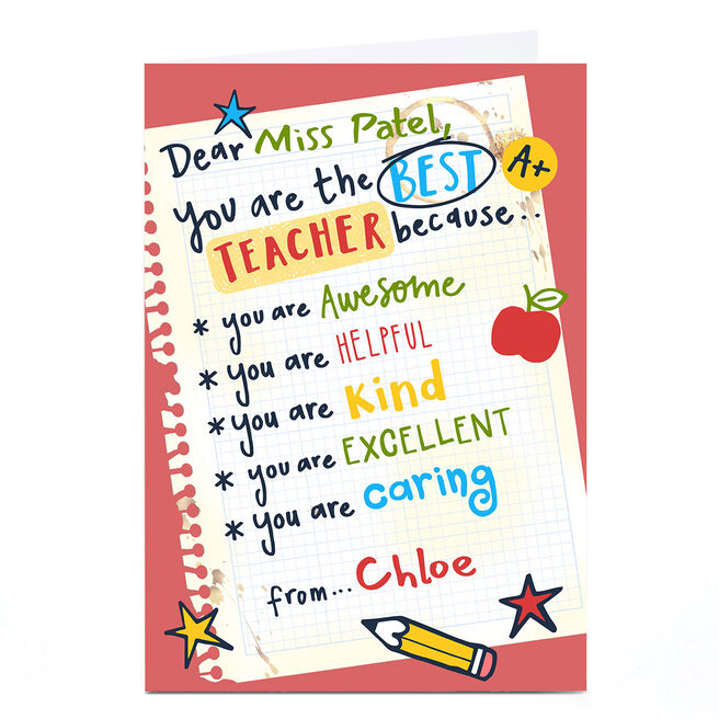 Personalised Bev Hopwood Thank You Card - Best Teacher