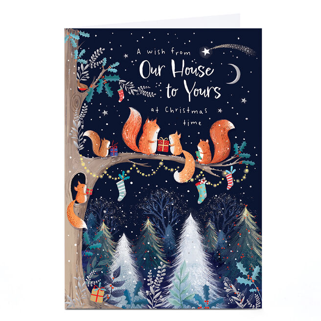 Personalised Christmas Card - Family of Squirrels Tree with Presents, From Our House to Yours