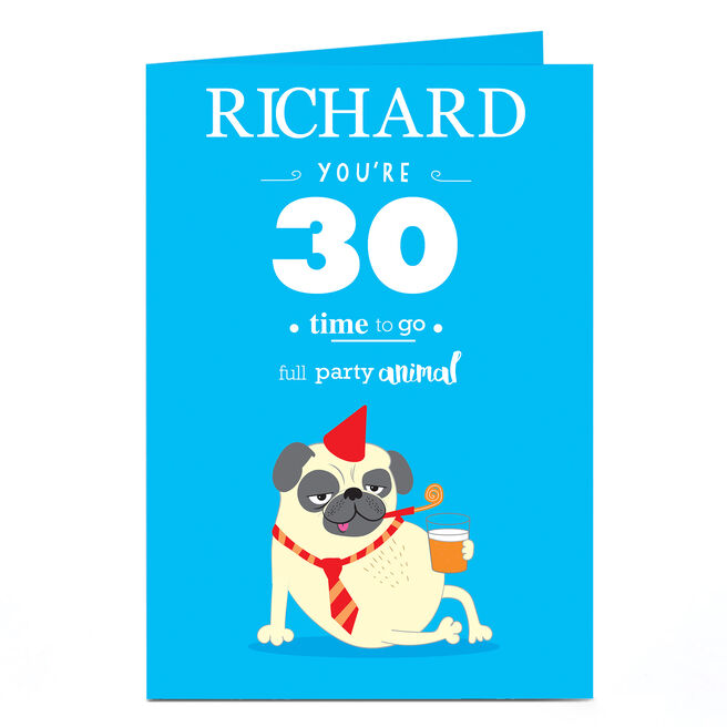 Personalised Birthday Card - Party Pug, Editable Age