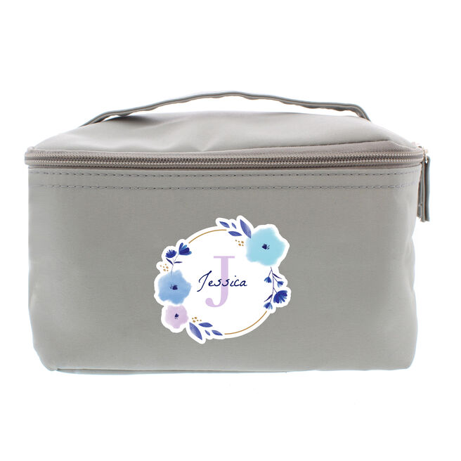 Personalised Floral Initial Grey Make Up Case