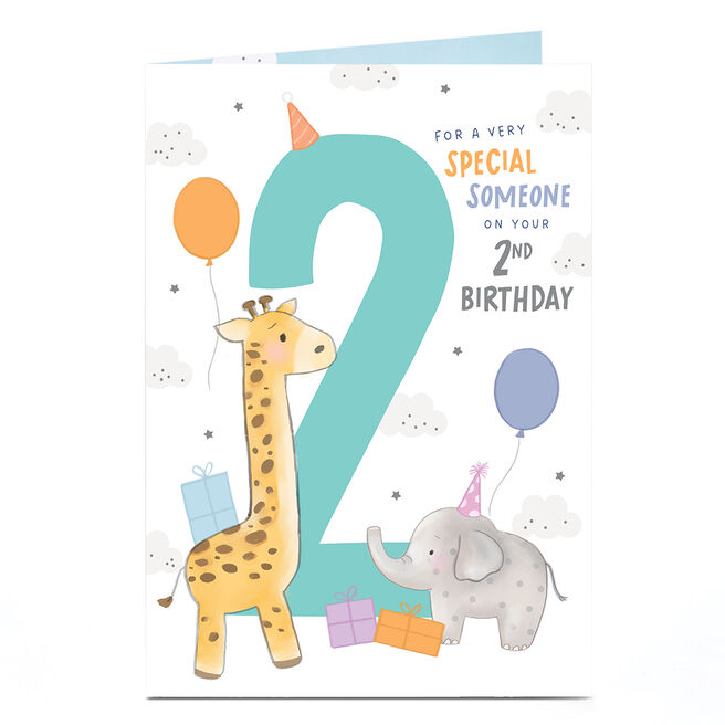 2nd Birthday Card - Baby Elephant and Giraffe