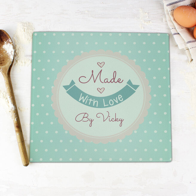 Personalised Made with Love Glass Chopping Board
