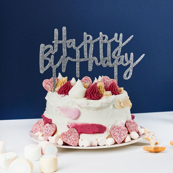Metallic Silver Happy Birthday Glitter Acrylic Cake Topper