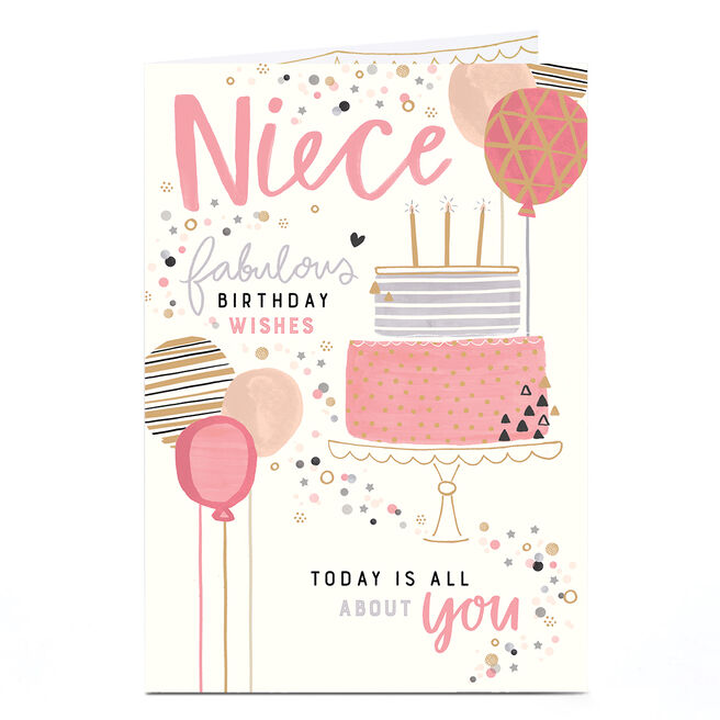 Birthday Card - Fabulous Pink Cake and Balloons, Niece