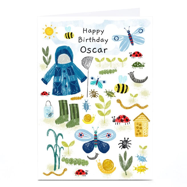 Personalised Lindsay Loves To Draw Birthday Card - Blue Garden Bugs