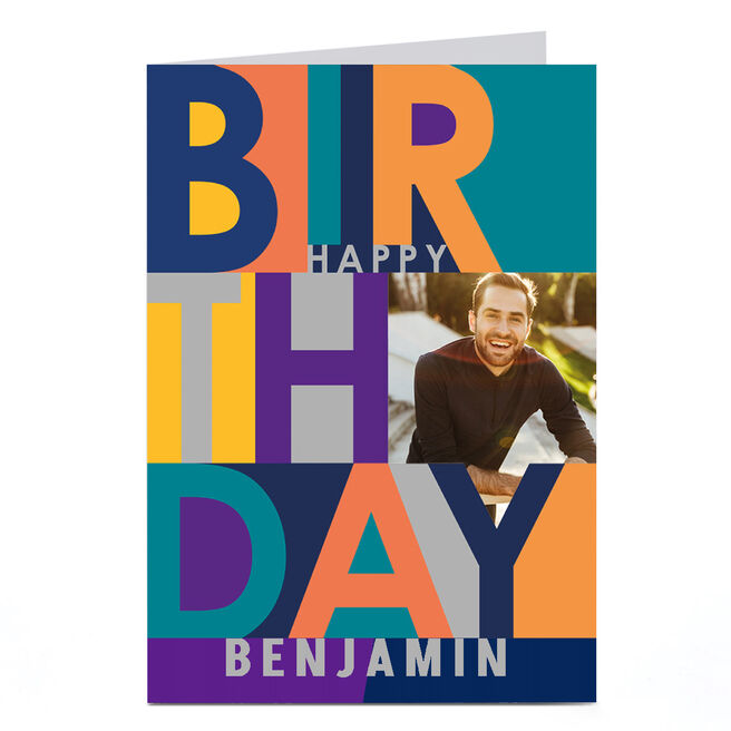 Personalised Photo Upload Card - Nephew Bright Block Letters - Editable Age